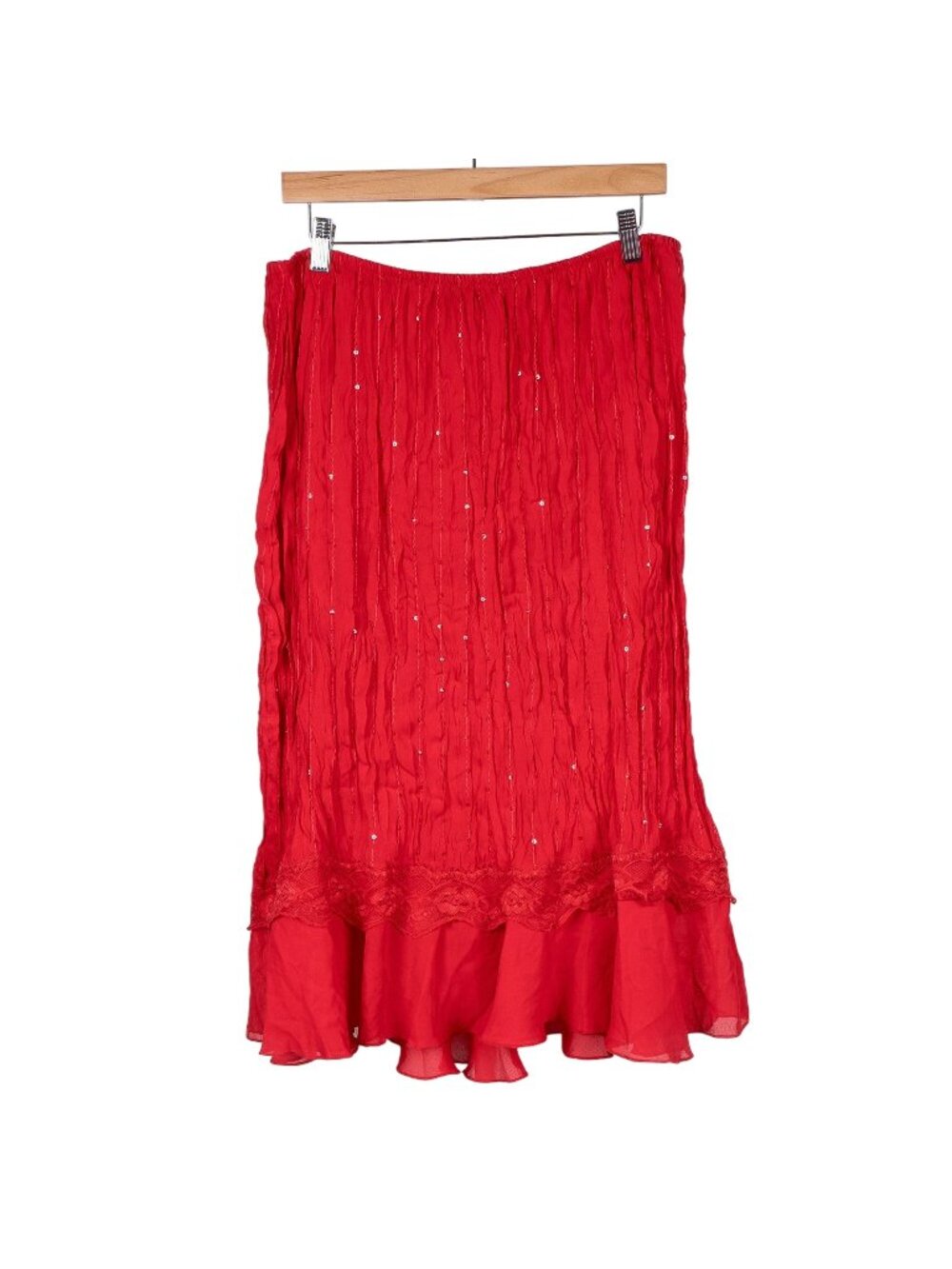 Red Ruffle Boho Maxi Skirt 12 Womens Sequin Twirl Stitching Robbie Bee Bold